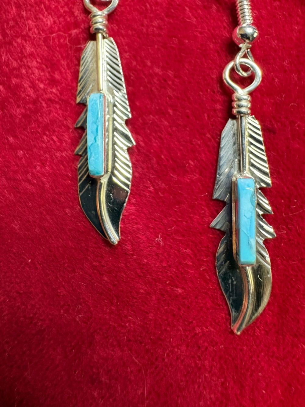 Earrings Handcrafted Native American Sterling Silver Feather Turquoise Dangle - Picture 4 of 9